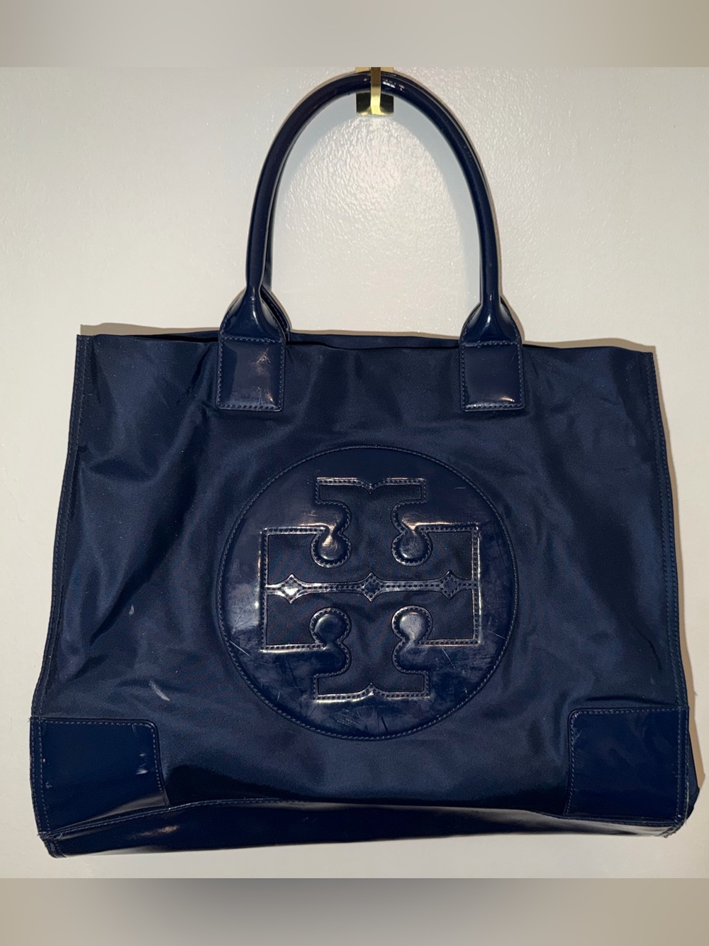 Tory Burch Dark Navy Nylon Tote with Patent Logo